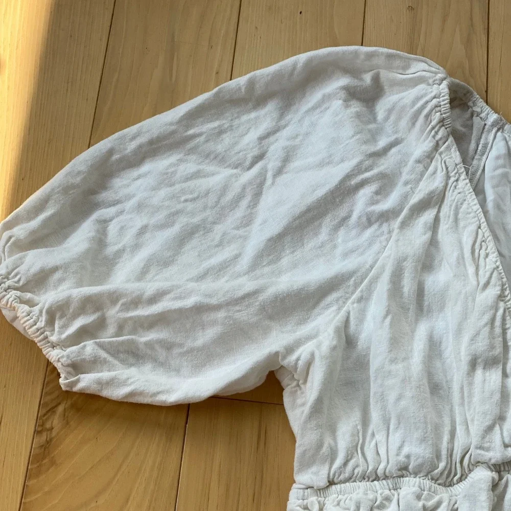 Abercrombie & Fitch Boho White Linen Blend Peplum Top Puff Sleeve Ruched - Large